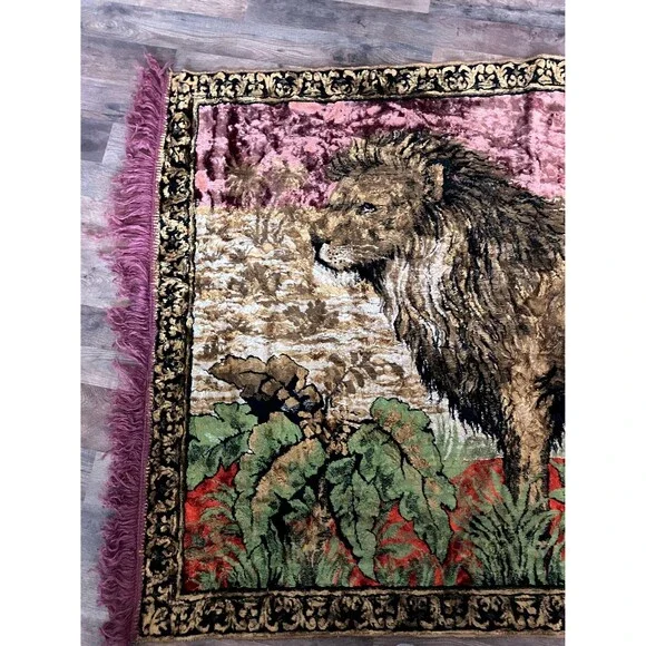 Large Vintage Lion Fringed Tapestry or Rug, 74 inches by 47 inches